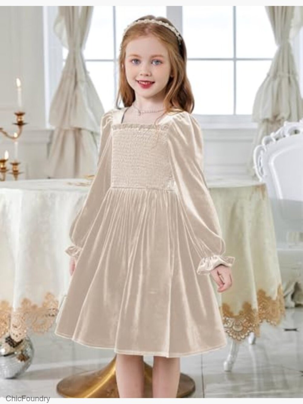 Toddler Velvet Dress Smocked Square Neck Puff Long Sleeve Party Dresses with - Picture 4 of 7